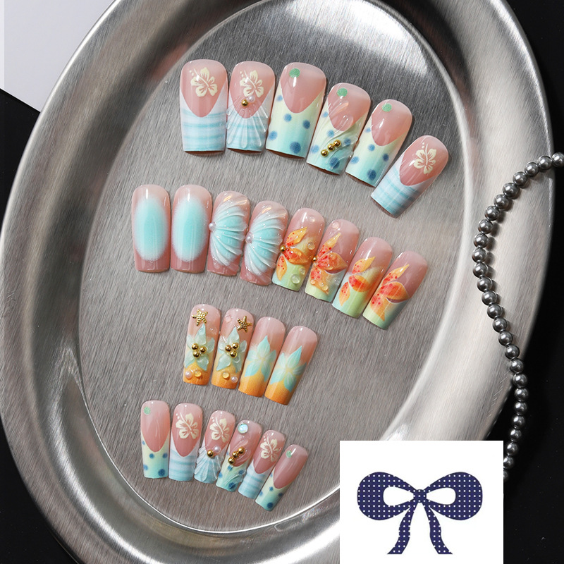 3D Tropical Press-On Nails TY-903 – Blue Green French, 24Pcs