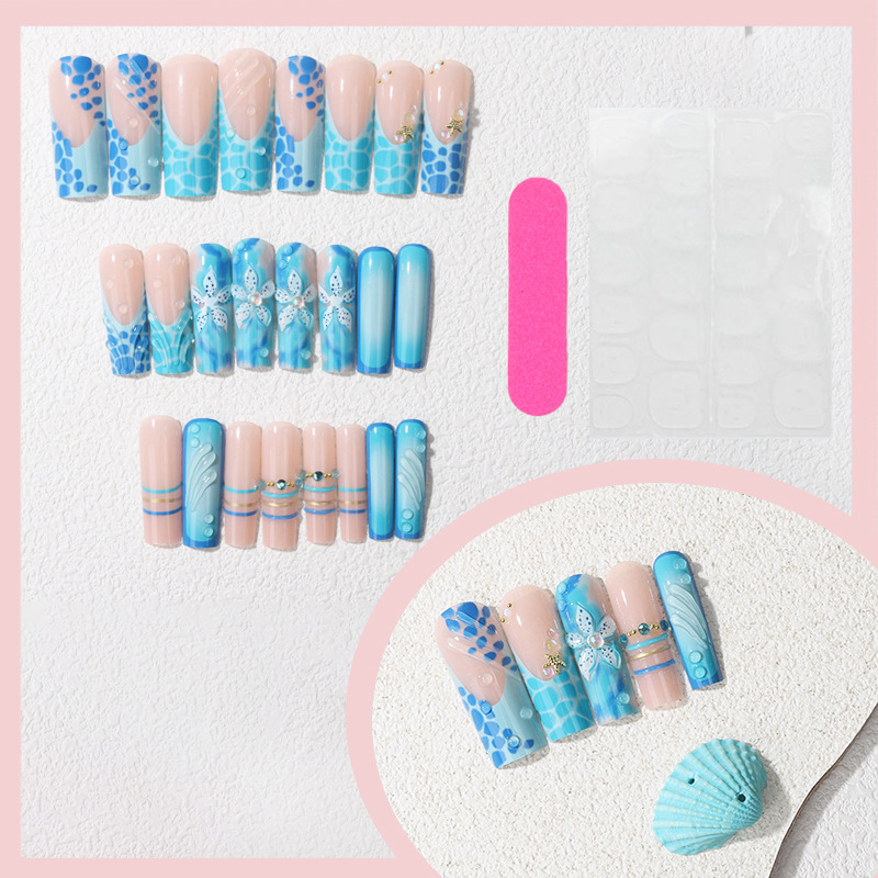3D Press-On Nails TY-803 – Blue Line Starfish, 24Pcs