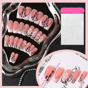Leopard French Press-On Nails TY-968 – Rhinestone Tube, 24Pcs