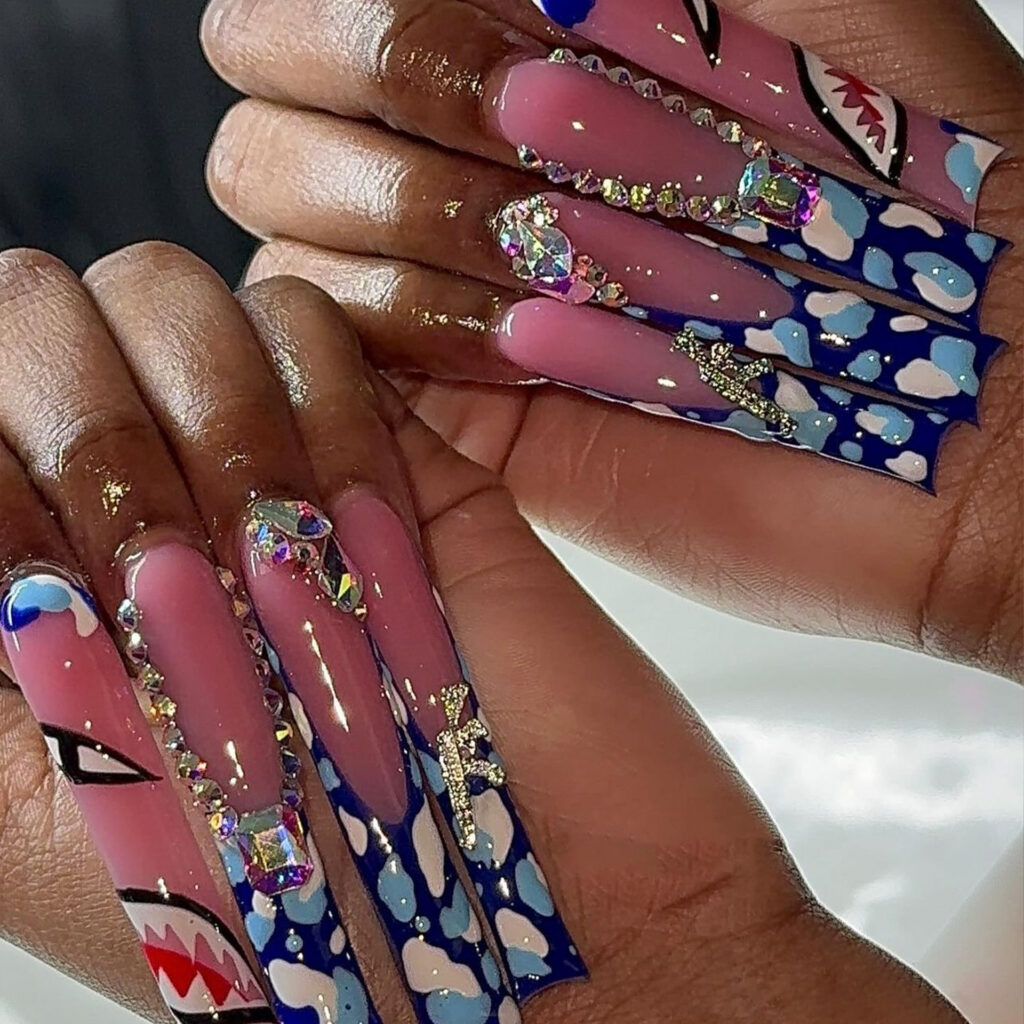 Shark Print Press-On Nails TY-264 – Blue White Street Style, 24Pcs