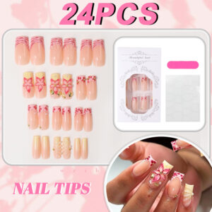 3D Flower Press-On Nails TY-1067 – Sweet Cool Pink French Square, 24Pcs