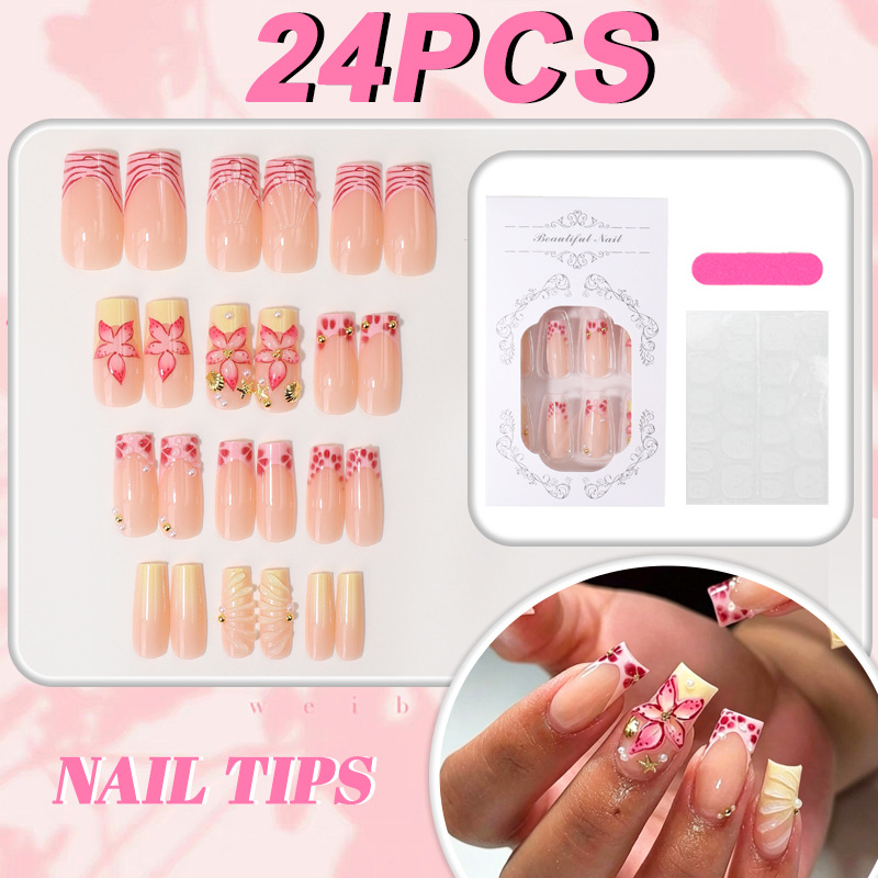 3D Flower Press-On Nails TY-1067 – Sweet Cool Pink French Square, 24Pcs