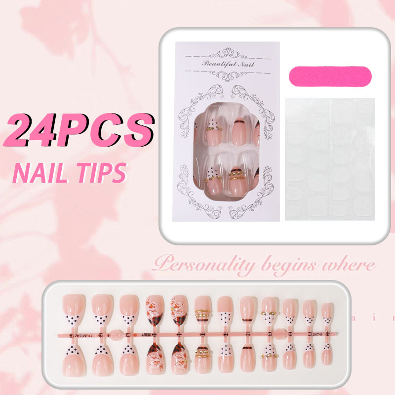 3D Flower Press-On Nails TY-1070 – French Polka Dot, 24Pcs