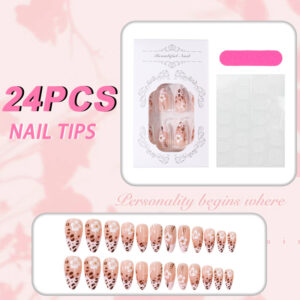 3D Gold Flower Leopard Press-On Nails TY-1085 – French Almond, 24Pcs