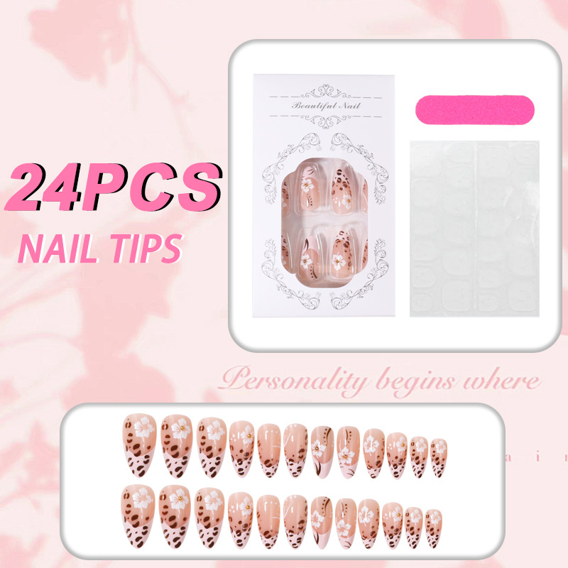 3D Gold Flower Leopard Press-On Nails TY-1085 – French Almond, 24Pcs