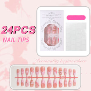 Pink 3D Flower Leopard French Press-On Nails TY-1068 – Short Almond, 24Pcs