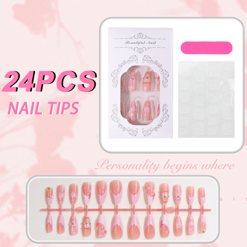 Pink 3D Flower Leopard French Press-On Nails TY-1068 – Short Almond, 24Pcs