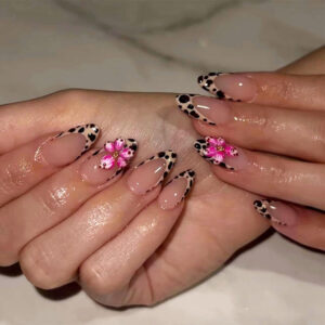 Leopard French Press-On Nails TY-663 – Painted Flowers, 24Pcs