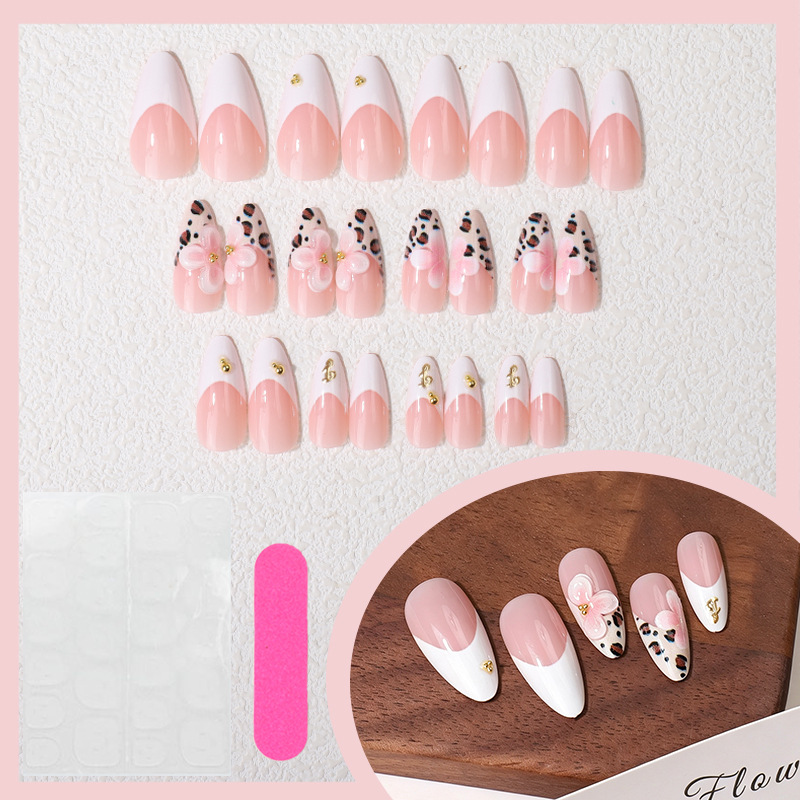 Nude Leopard French Press-On Nails TY-989 – Long Almond, 24Pcs