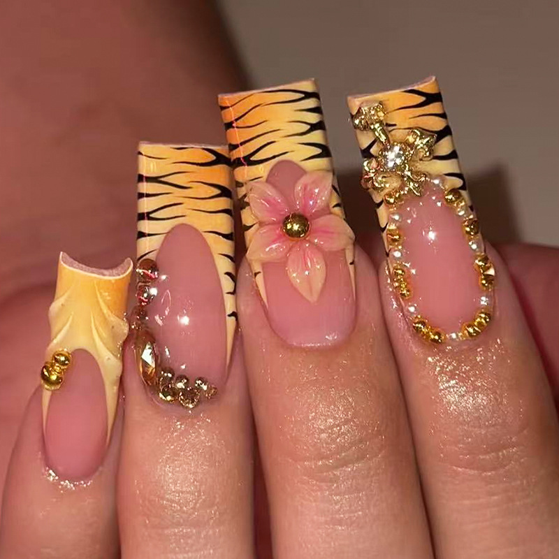 Leopard French Press-On Nails TY-891 – Yellow Cross, 24Pcs