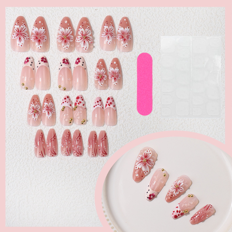 3D Drip Gel Flower Press-On Nails TY-994 – Pink French Almond, 24Pcs