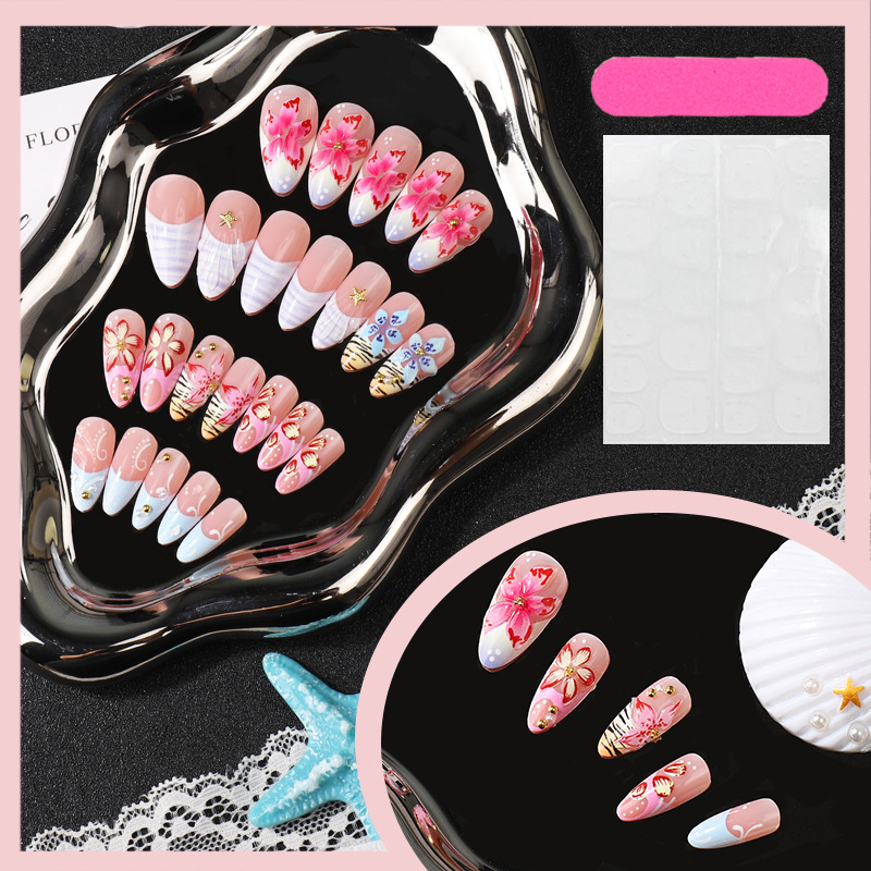 3D Flower Press-On Nails TY-960 – Colorful Relief Almond, 24Pcs