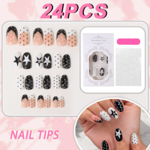 3D Star Polka Dot Press-On Nails TY-1101 – Black White French Almond, 24Pcs
