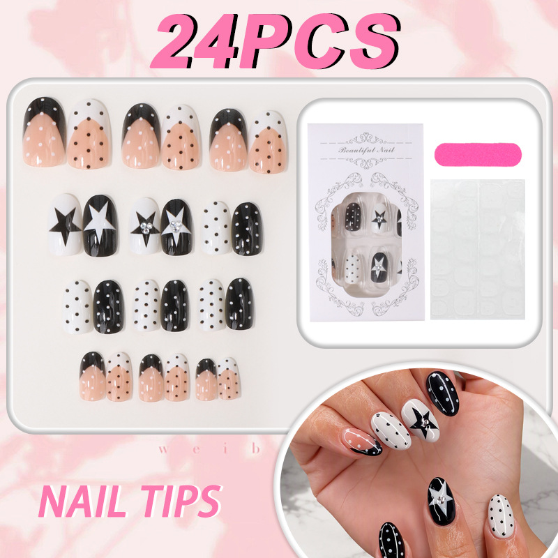 3D Star Polka Dot Press-On Nails TY-1101 – Black White French Almond, 24Pcs
