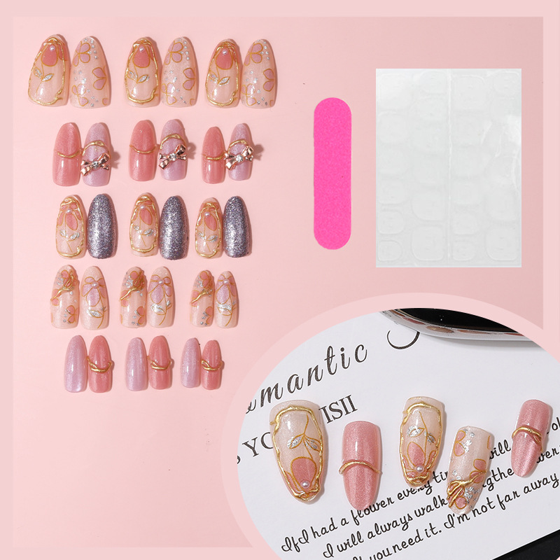 Gold Carved Stiletto Press-On Nails TY-924 – Handmade, 30Pcs