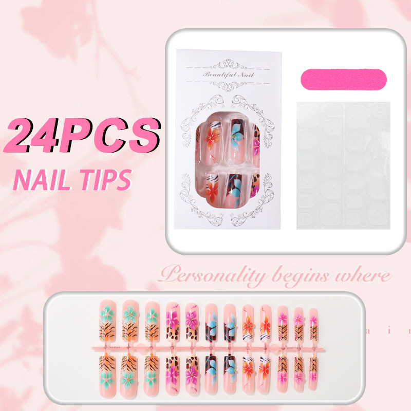 3D Flower Press-On Nails TY-1078 – Colorful Ins Style, 24Pcs