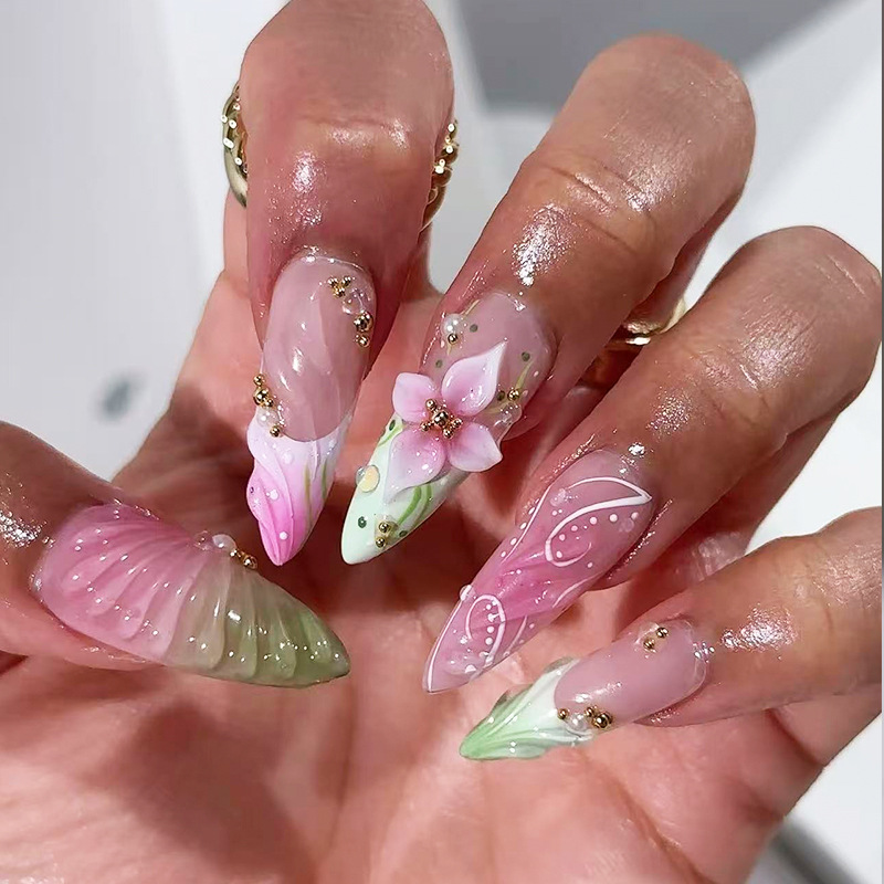 3D Flower Press-On Nails TY-827 – Pearl Almond, 24Pcs