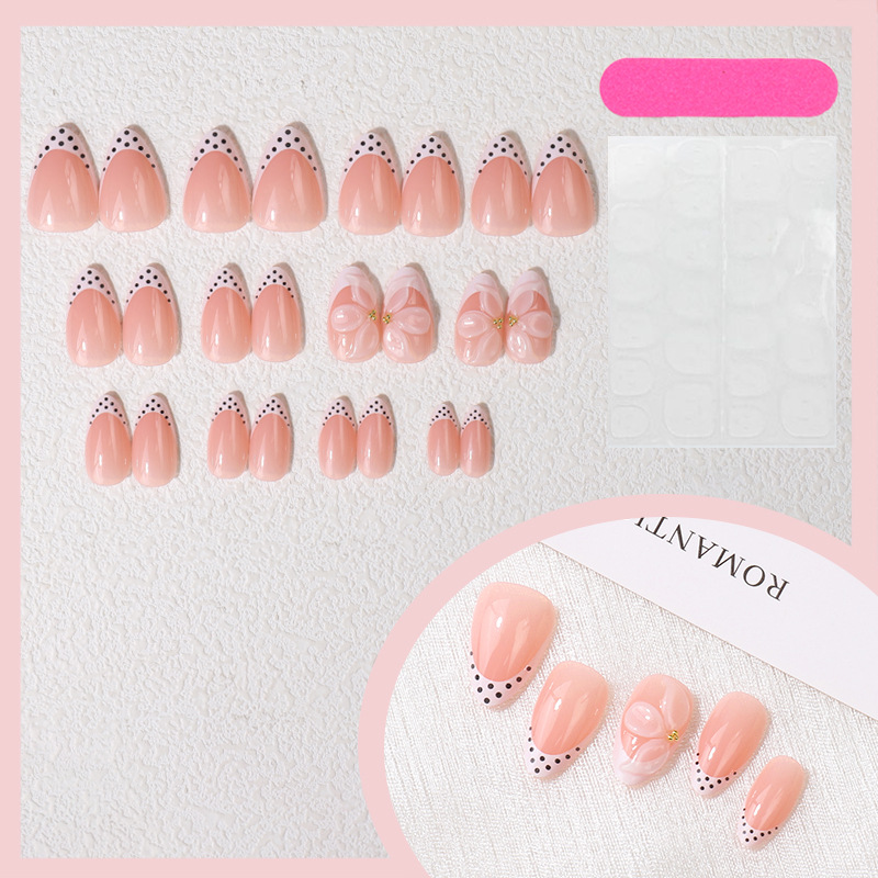 3D Flower Polka Dot French Press-On Nails TY-964 – White Almond, 24Pcs