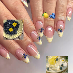 3D Blueberry Press-On Nails TY-777 – Polka Dot French Almond, 24Pcs