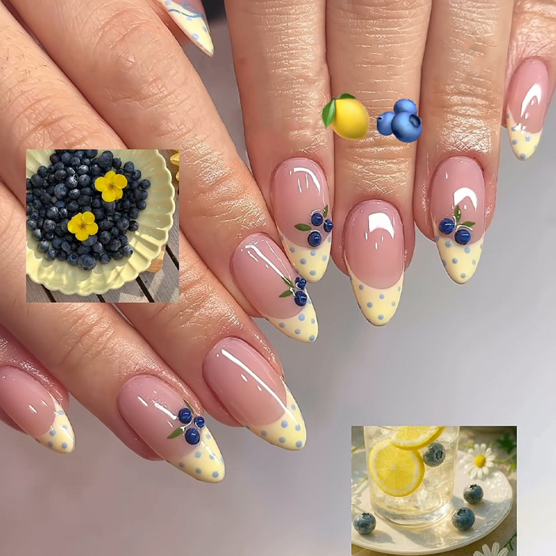 3D Blueberry Press-On Nails TY-777 – Polka Dot French Almond, 24Pcs
