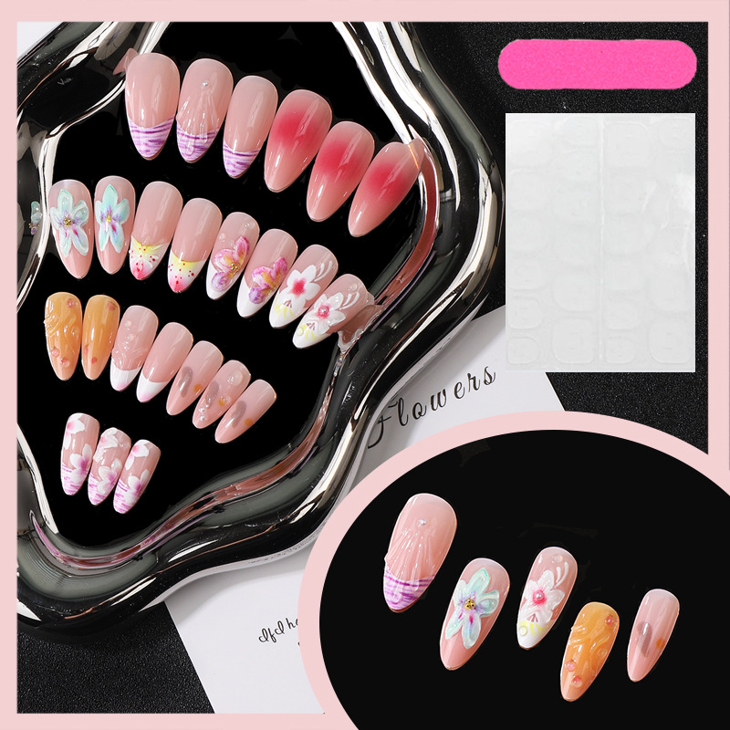3D Flower Press-On Nails TY-992 – Pink Gradient French, 24Pcs
