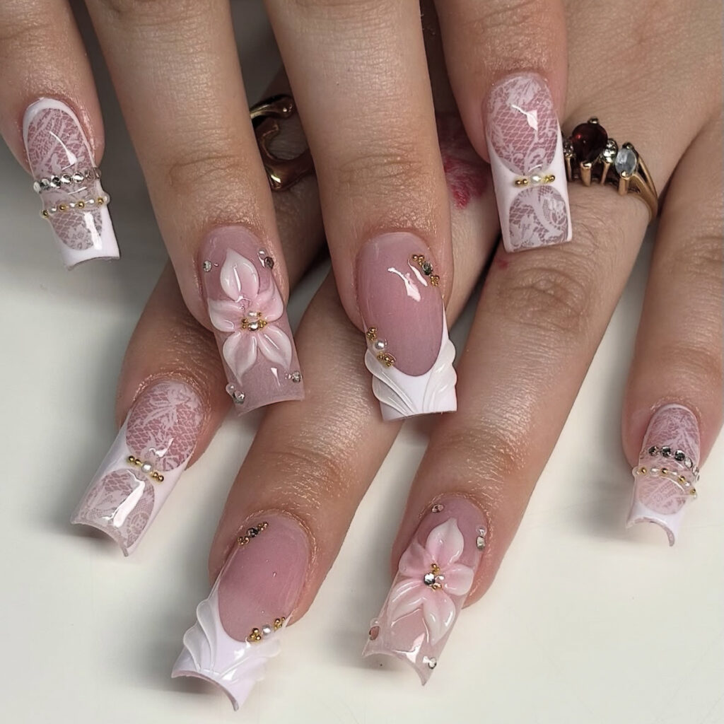 3D Lace Press-On Nails TY-788 – Nude Pink French, 24Pcs