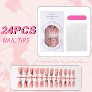 3D Leopard French Press-On Nails TY-1046 – Nude Long Square, 24Pcs