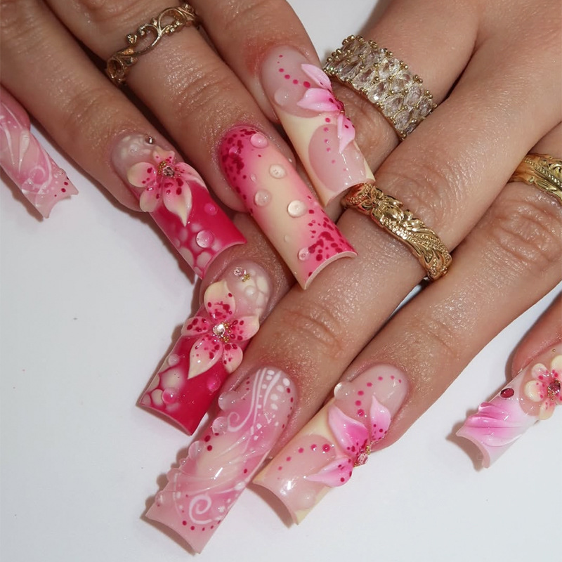 3D Flower Press-On Nails TY-798 – Pink Polka Dot French, 24Pcs