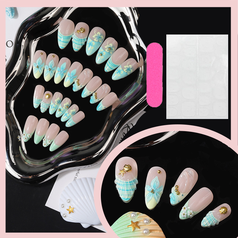 3D Flower Press-On Nails TY-936 – Island Vacation Almond, 24Pcs