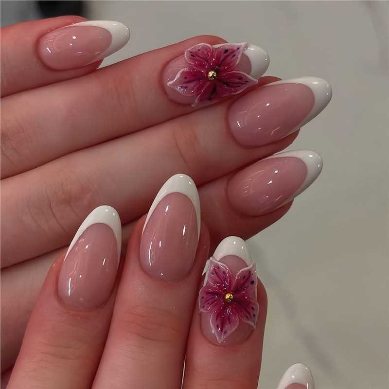 3D Flower Press-On Nails TY-661 – Gradient French, 24Pcs