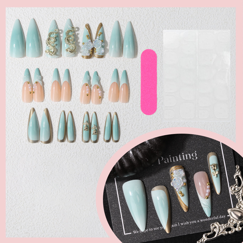 Rose 3D Flower Press-On Nails TY-861 – Green-Milk Gradient, 24Pcs
