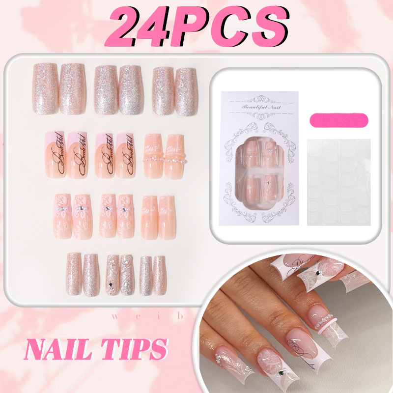 3D Lace French Press-On Nails TY-1097 – Mid Square, 24Pcs