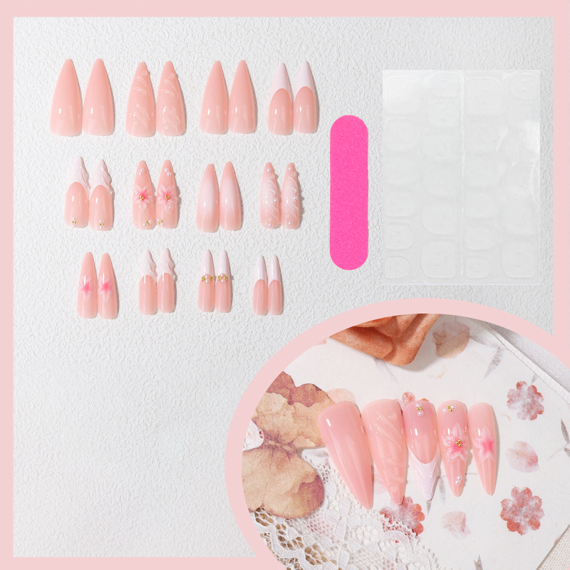 3D Flower Press-On Nails TY-808 – Pink Pearl Almond, 24Pcs
