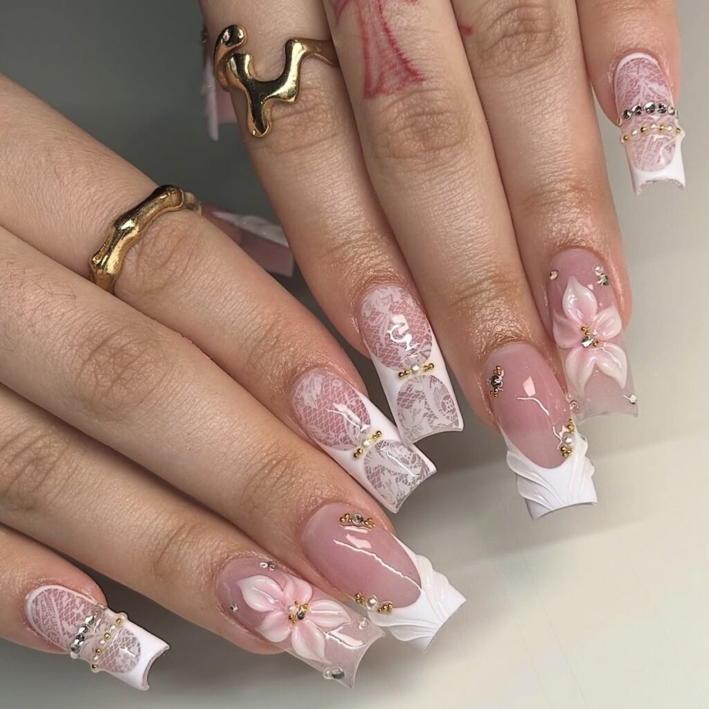 3D Lace Press-On Nails TY-LACE – Hand Rhinestone Series, 24Pcs