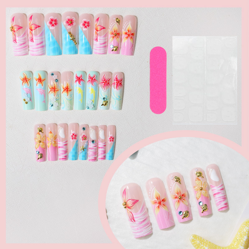 3D Flower Press-On Nails TY-870 – Pearl Shell Starfish, 24Pcs