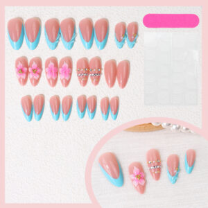 3D Flower Press-On Nails TY-976 – Ice Sweet Water Wave Almond, 24Pcs