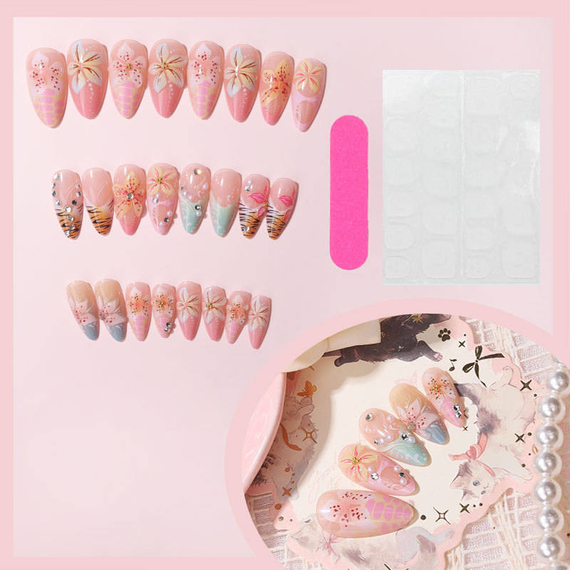 3D Flower Press-On Nails TY-782 – Colorful Almond, 24Pcs