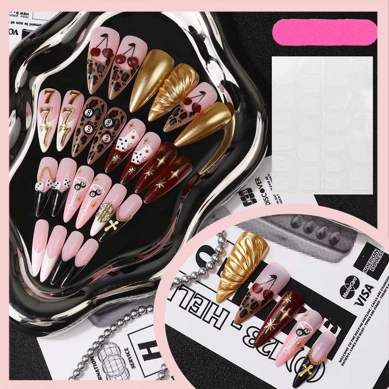 3D Cherry Leopard Press-On Nails TY-948 – Stiletto, 24Pcs