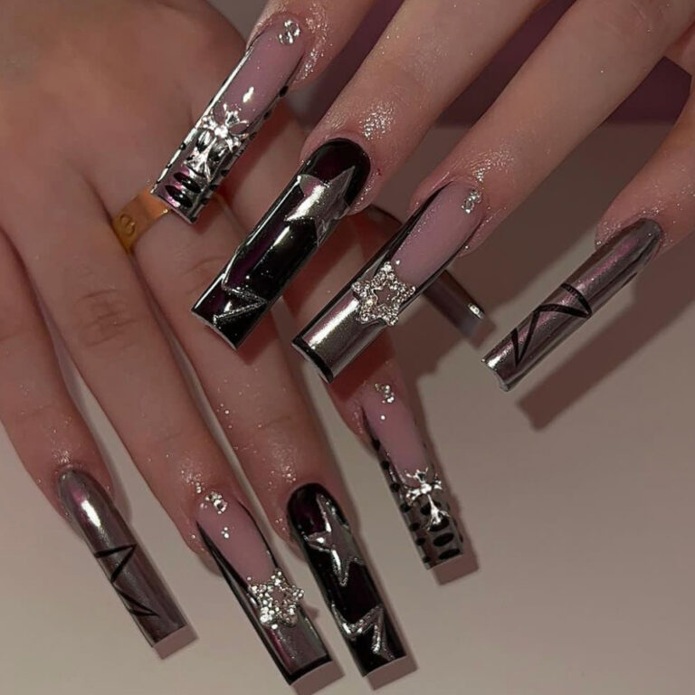 Long tube press-on nails with star and cross rhinestones