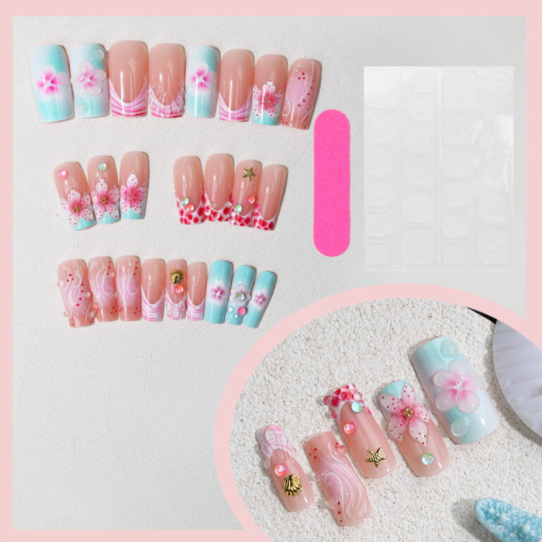 3D flower press-on nails, sweet pink square with rhinestones