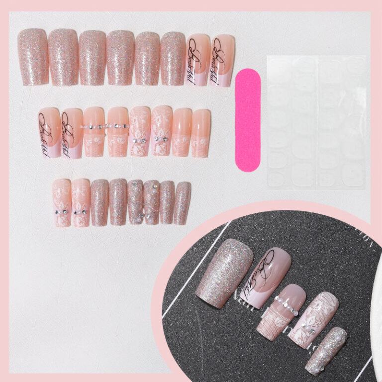 3D gel press-on nails, pink ombre lace