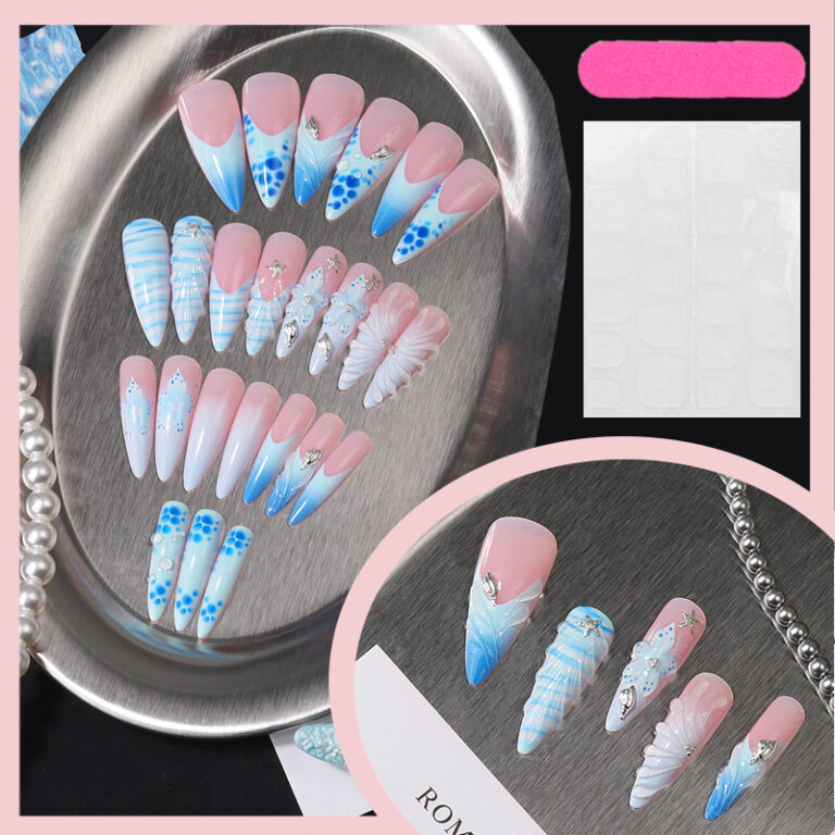 3D press-on nails, blue ocean stiletto with hand-set rhinestones
