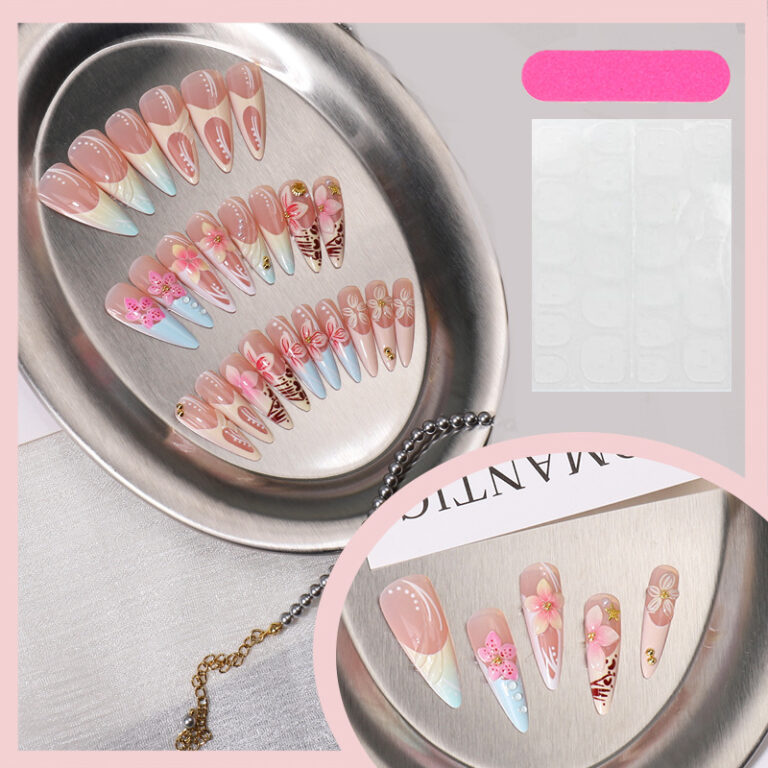 3D flower press-on nails, pastel five-petal macaron design
