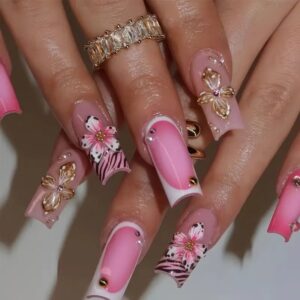 Long Square Press-On Nails with 3D Pink and Gold Butterflies (AS01)