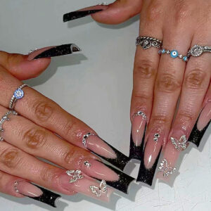 Silver Butterfly Rhinestone Hot-Girl Long Press-On Nails – SGCY-162