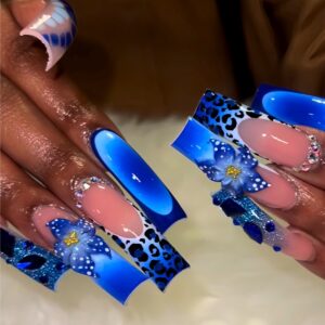 Blue Floral Gem Leopard Curved Press-On Nails KK03