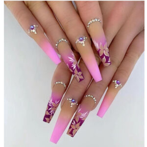 Purple Gradient Floral Crystal Press-On Nails – CBLCY-47
