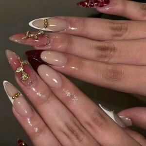 Red Brown Leopard Gold Rose French Press-On Nails WW63