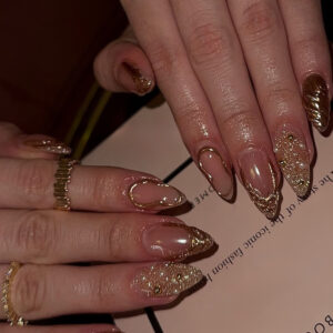 Gold 3D Water Ripple Almond Press-On Nails AA101