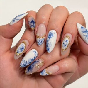 Porcelain Blue Flower Pearl Almond Press-On Nails XZ117